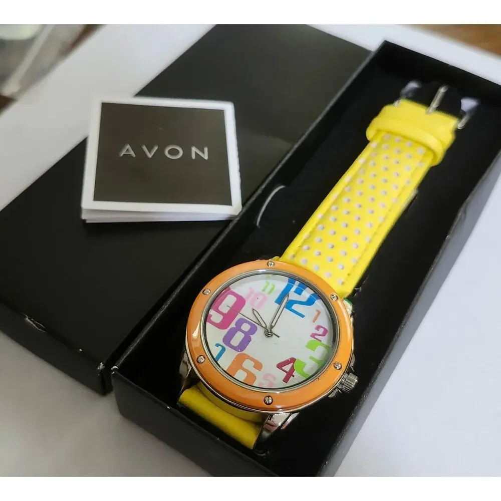 NIB Avon Colorful Rainbow Pop Art Number Dial Yellow Quartz Watch